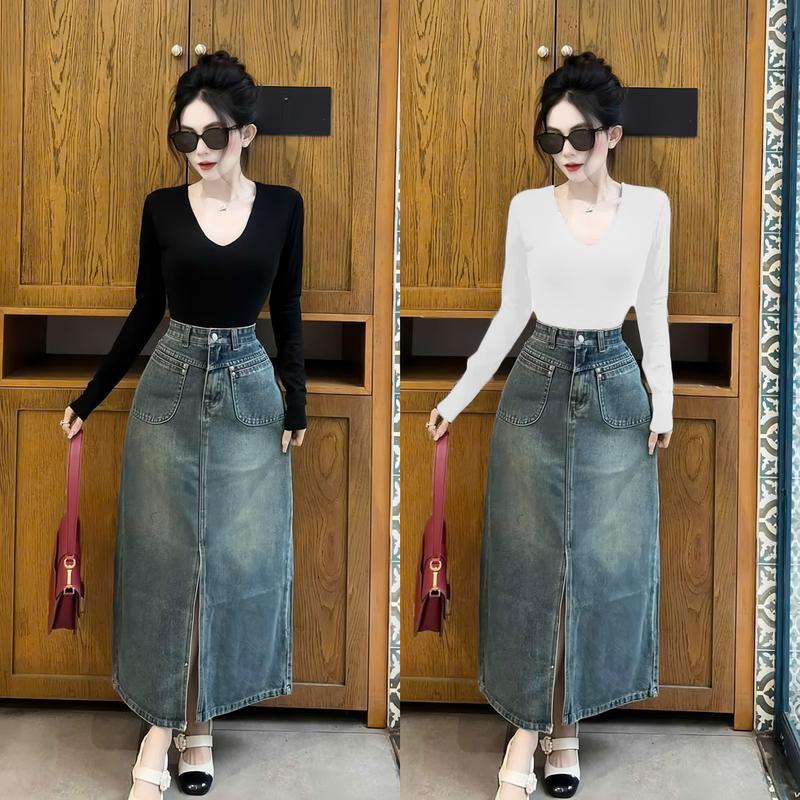 Set đồ nữ áo thun gân tay dài mix chân váy jean dài dáng chữ A xẻ tà trước xinh xắn dành cho các nàng diện đi chơi đi tiệc Women Top
