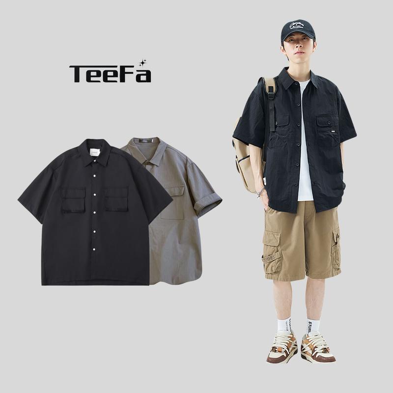  Áo Sơ Mi Tay Ngắn TÚI HỘP áo sơ mi tay ngắn 2 màu Unisex Form Rộng Chất Liệu Cotton Nam Menswear  Màu Đen Cổ Tròn Màu Đen 