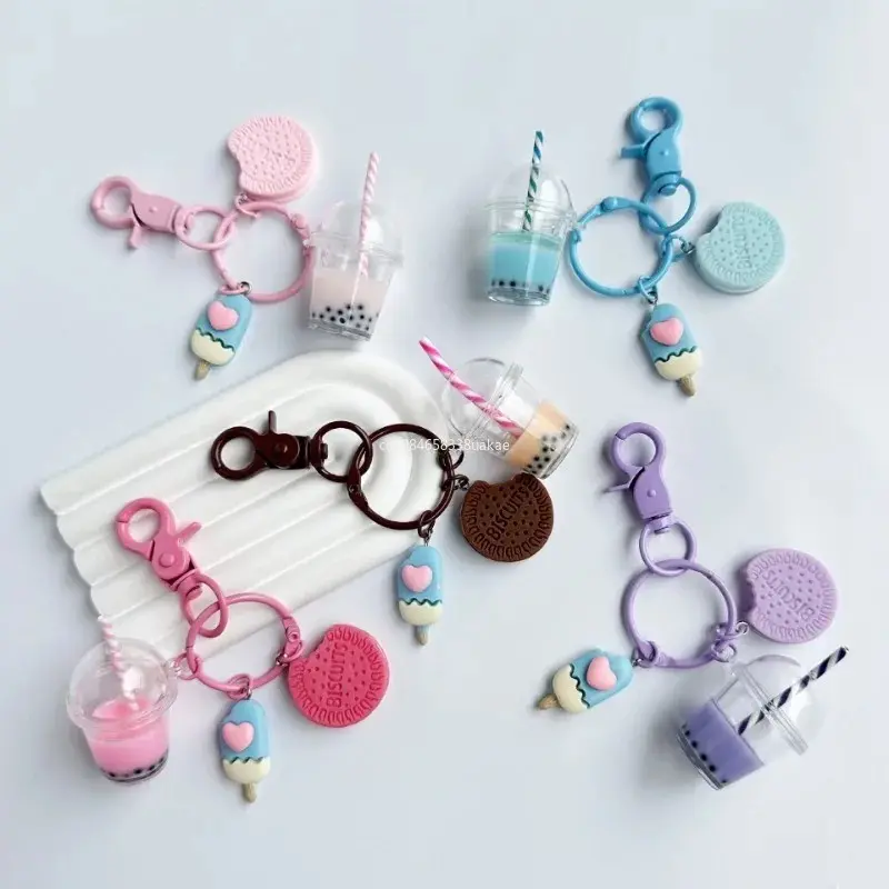 New Cute Keychains Ice-cream Bubble Tea Biscuit Pink Key Rings - TikTok ...