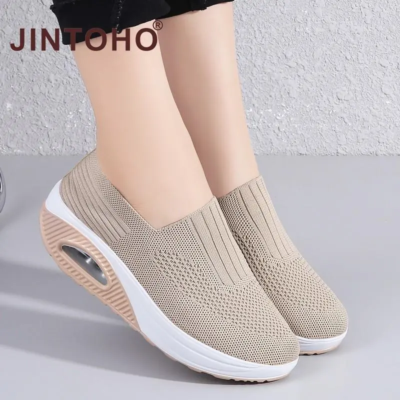 JINTOHO Summer Women Fashion Vulcanized Sneakers Platform Solid Color Flat Ladies Shoes Casual Breathable Wedges Ladies Walking Sneakers