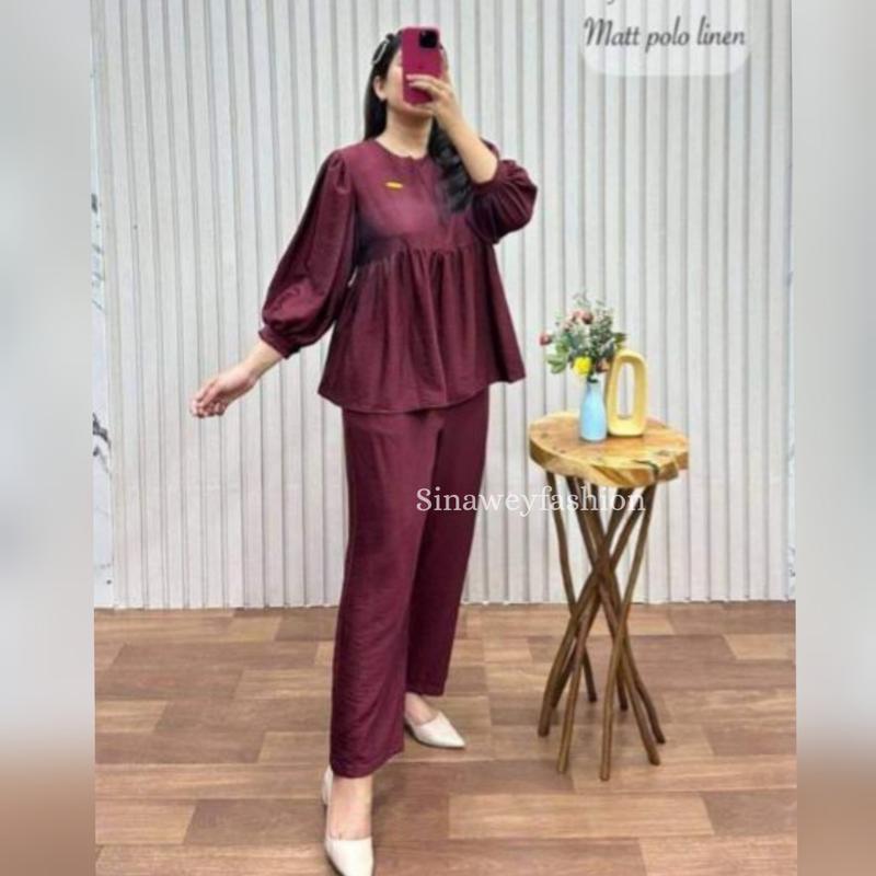 One set donita / baju setelan celana panjang / baju setelan modern / one set kekinian adem Atasan Biru Hijau Kancing Katun Linen 2