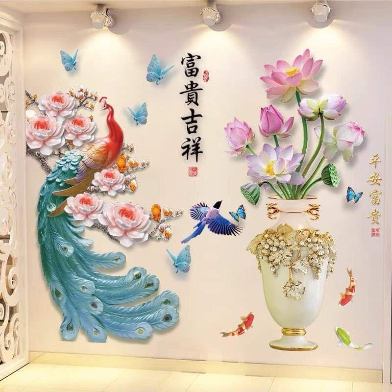Decal dán tường trang trí phòng khách bình hoa và công Decor Đồng 0