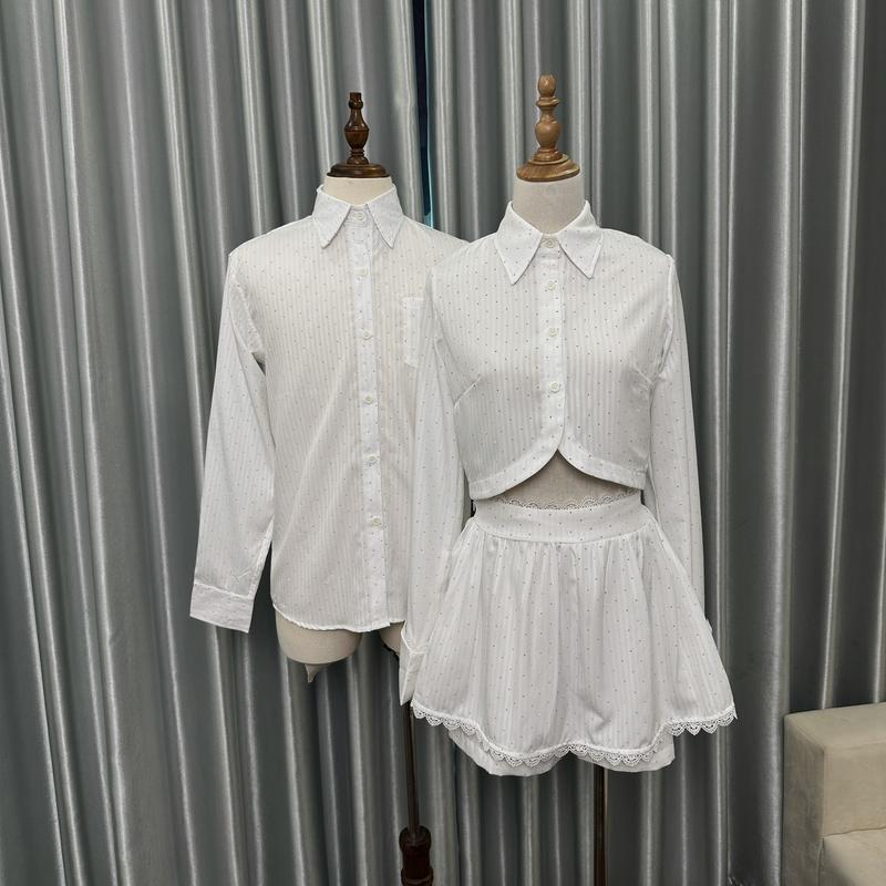 Set đồ đôi sơ mi nam nữ đính hạt, nữ áo croptop dài tay kèm chân váy nam áo sơ mi dài tay thiết kế sang trọng phù hợp cặp đôi, Set couple người yêu hot trend mới 2024(có lẻ)