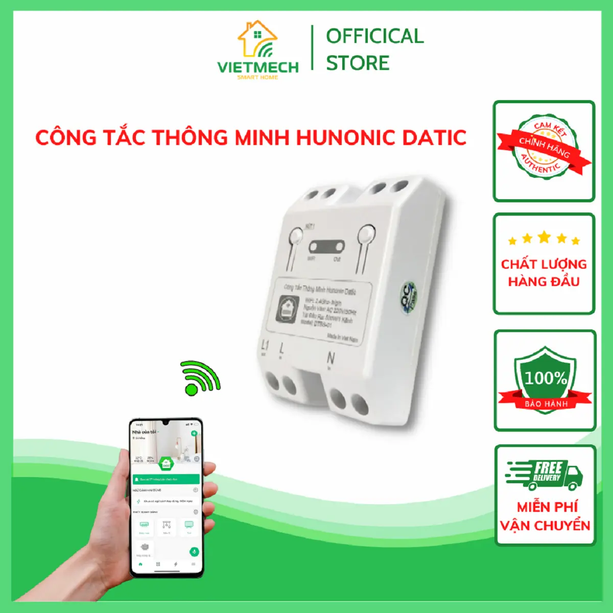 [Hunonic Datic Basic] Công tắc thông minh Datic DTBS – 01 | Điều khiển từ xa qua điện thoại, hẹn giờ tự động bật tắt tự động, công suất tải 500w