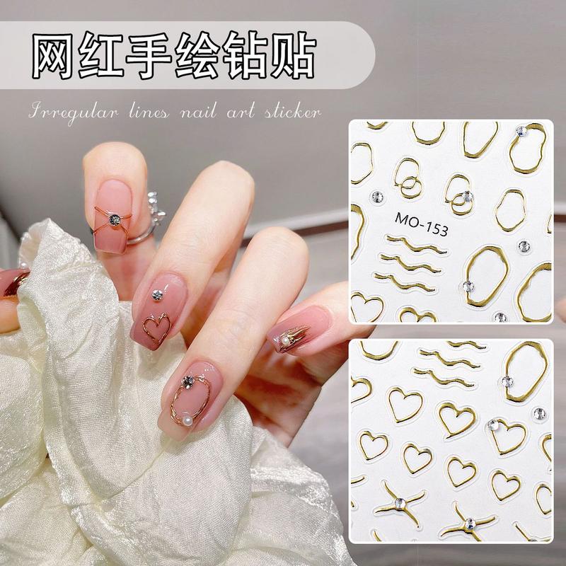 Miếng Dán Giảm Móng Tay, Ba Chiều, Mạ Vàng, Cảm Giác Trực Tuyến, Hình Dạng Trái Tim Và Thiết Kế Hình Học Rỗng Họa Tiết Trái Tim 3D, Trang Trí Móng Tay Đầu Thu 1