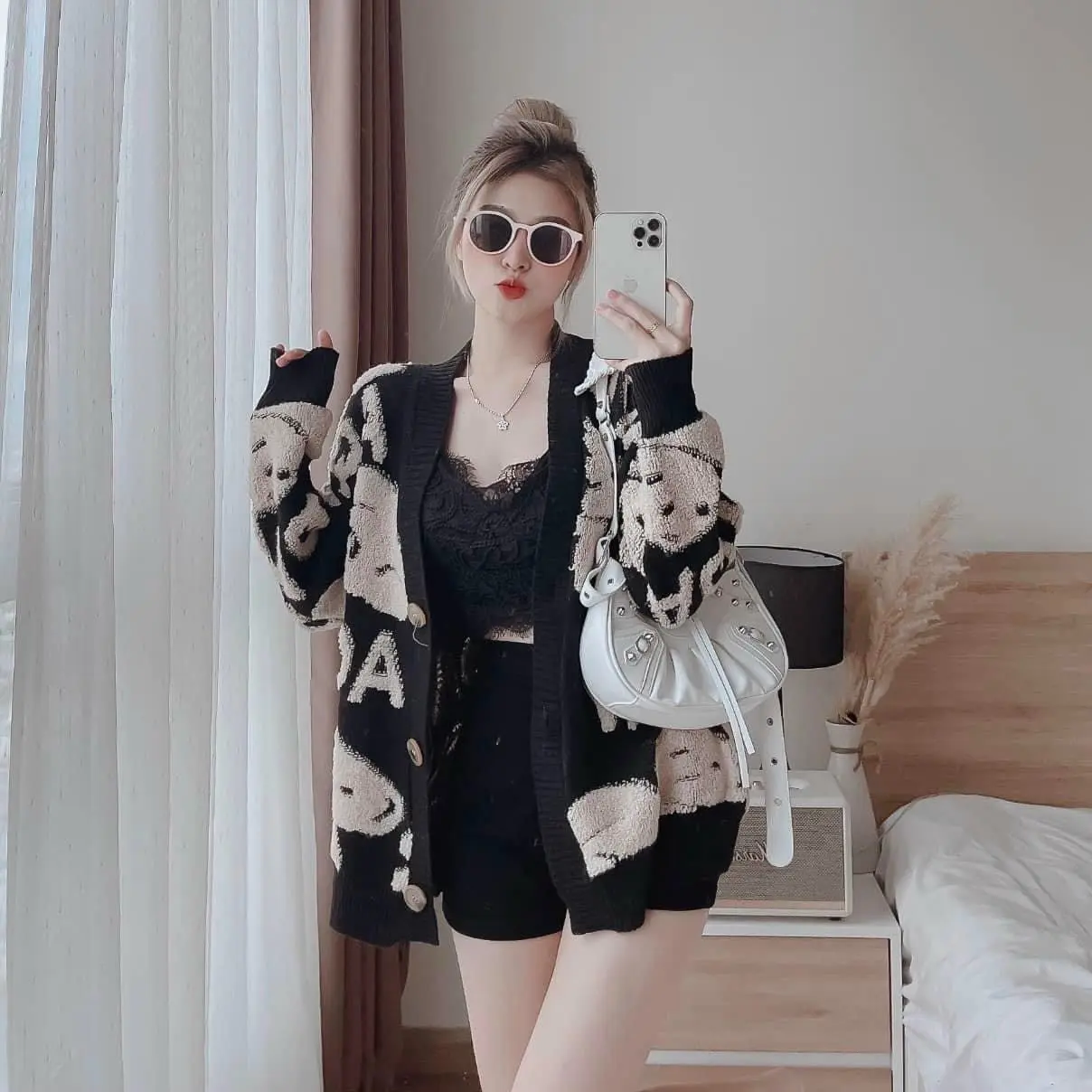 Áo Khoác Len Cardigan Dệt Kim Dáng Rộng Họa Tiết Gấu Hàng Quảng Châu