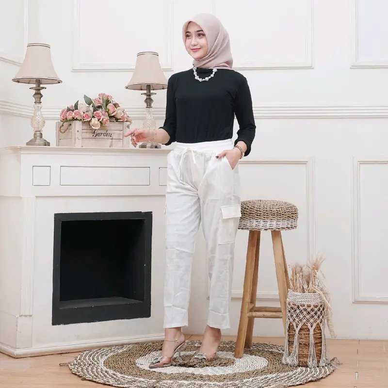 CELANA CARGO WANITA LINEN CRINKLE PREMIUM Karet Panjang Basic Katun 8