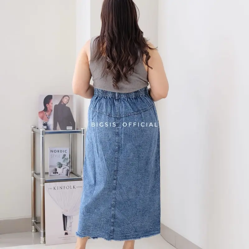 Rok span jeans size 4-6XL varian belah dan sobek pinggang karet - rok body sexy plus varian baru Wanita Panjang 6