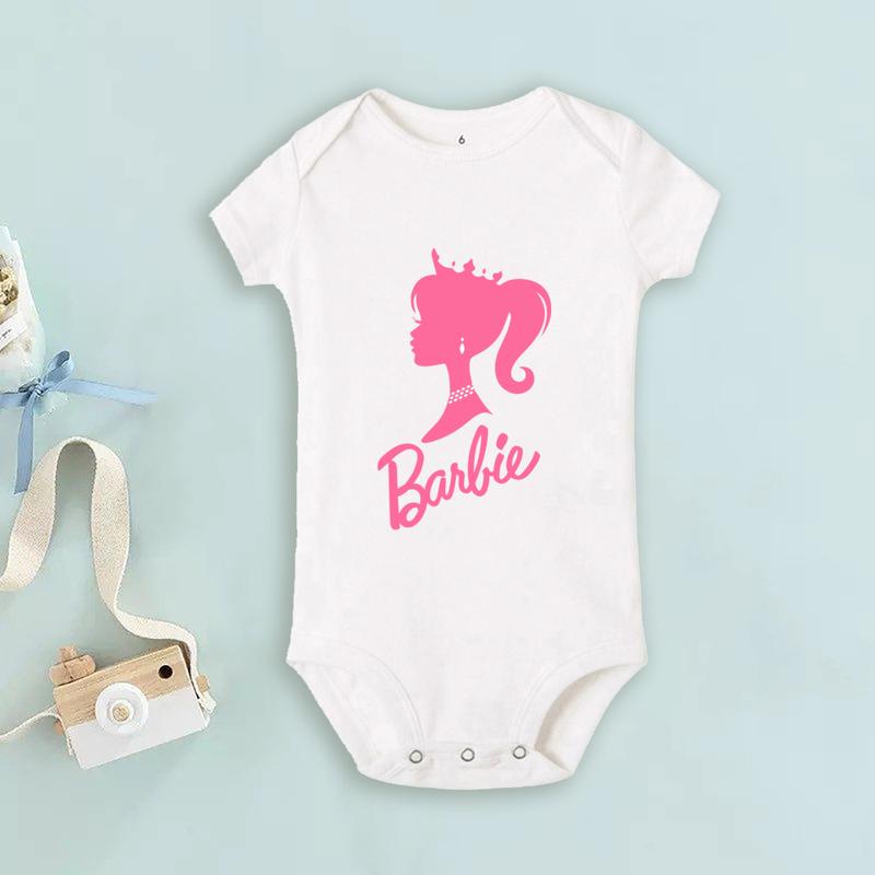 Product Introduction of Barbie Girl Print Family Matching Clothes Summer Mom and Me Parent Child T-shirt Girl Short Sleeve Tee Tops White/Pink/Black Baby Romper 41