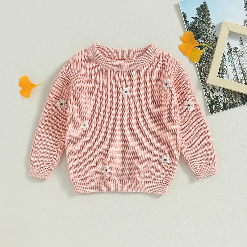 Baby Girl Sweater, Long Sleeve Crew Neck Flower Winter Warm Knit Pullover Sweater Infant Clothes