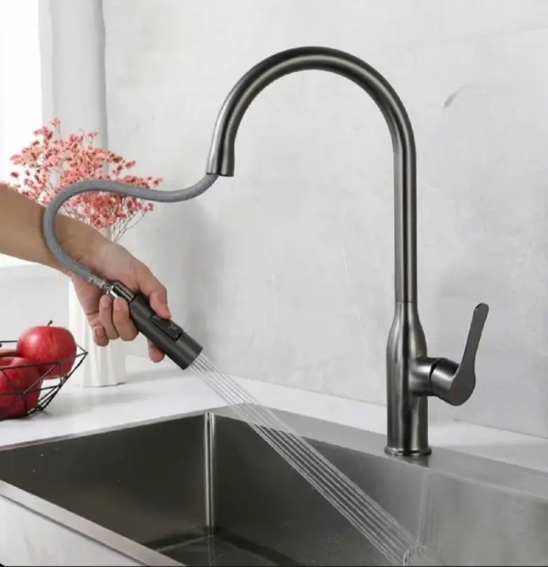 Vòi rửa chén nóng lạnh dây rút xoay 360 độ thân đồng thau Full chức năng xả chậu rửa hình cống  bồn ống  nước vòi  sen bát 0