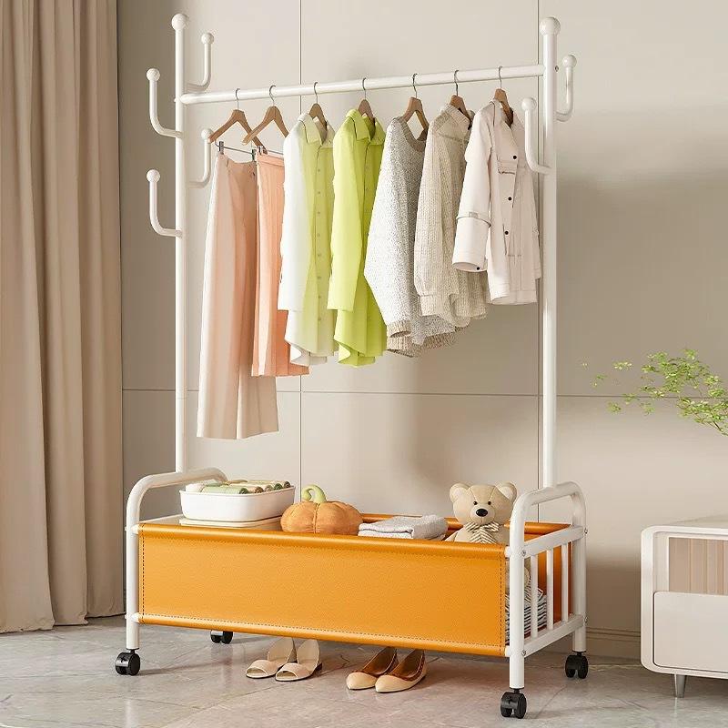 Product Introduction of Household Floor Hanger with Basket with Wheels Movable Bedroom Hanger Indoor Storage Clothes Hanger Storage Coat Rack 9