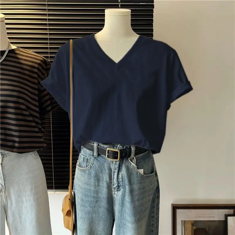 Áo Thun ngắn Tay Cổ Chữ V, Phong Cách Mỹ Dành Cho Nữ, Dáng Rộng Vừa Vặn, Làm Bằng Cotton Nguyên Chất, Áo Sơ Mi Cơ Sở, Thích Hợp Cho Mùa Hè Mới, Xu Hướng Ins, Thời Trang Thường Ngày Áo Dễ Phối Đồ