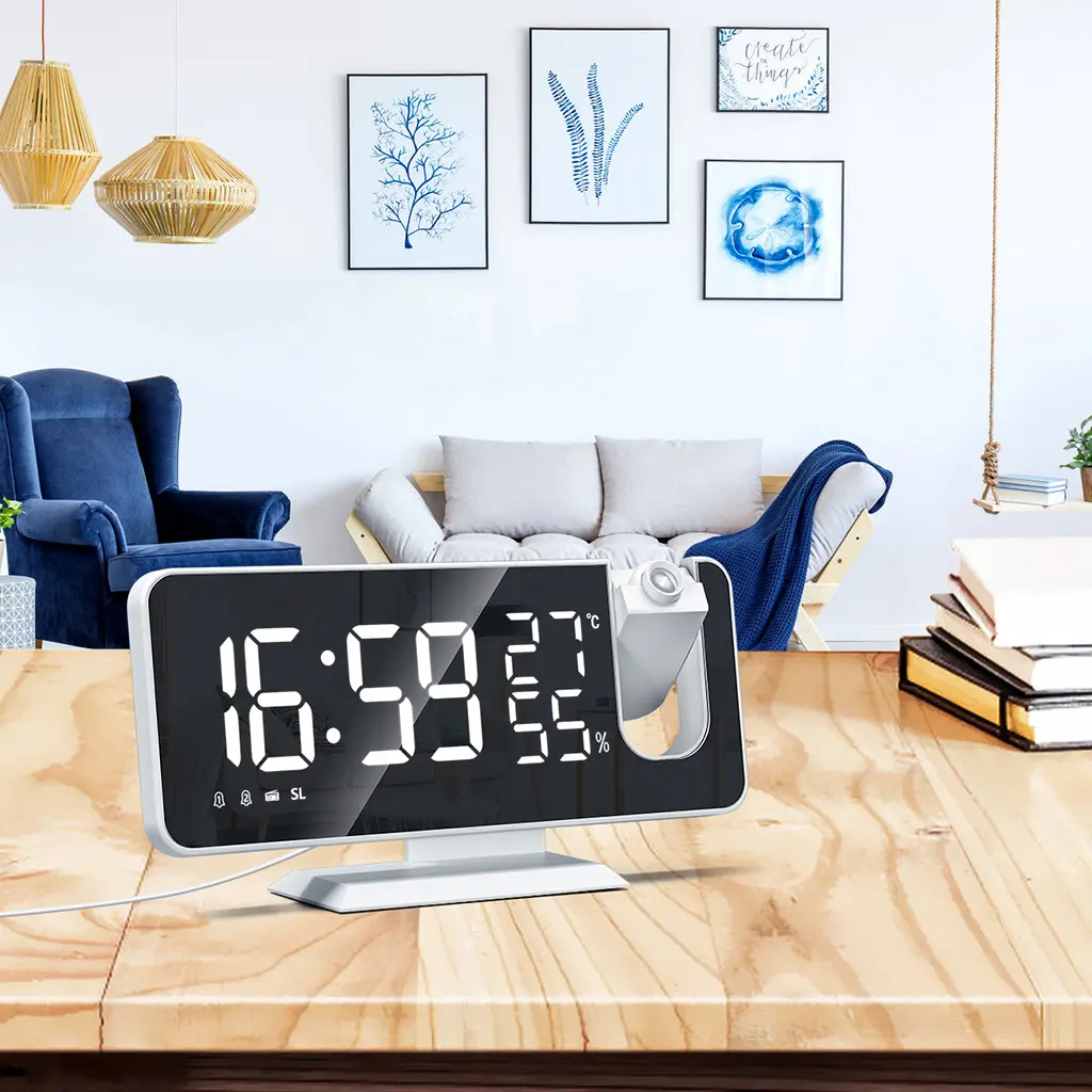 LED Digital Projection Alarm Clock Electronic Alarm Clock with Projection FM Radio for Time Projector Temperature Humidi