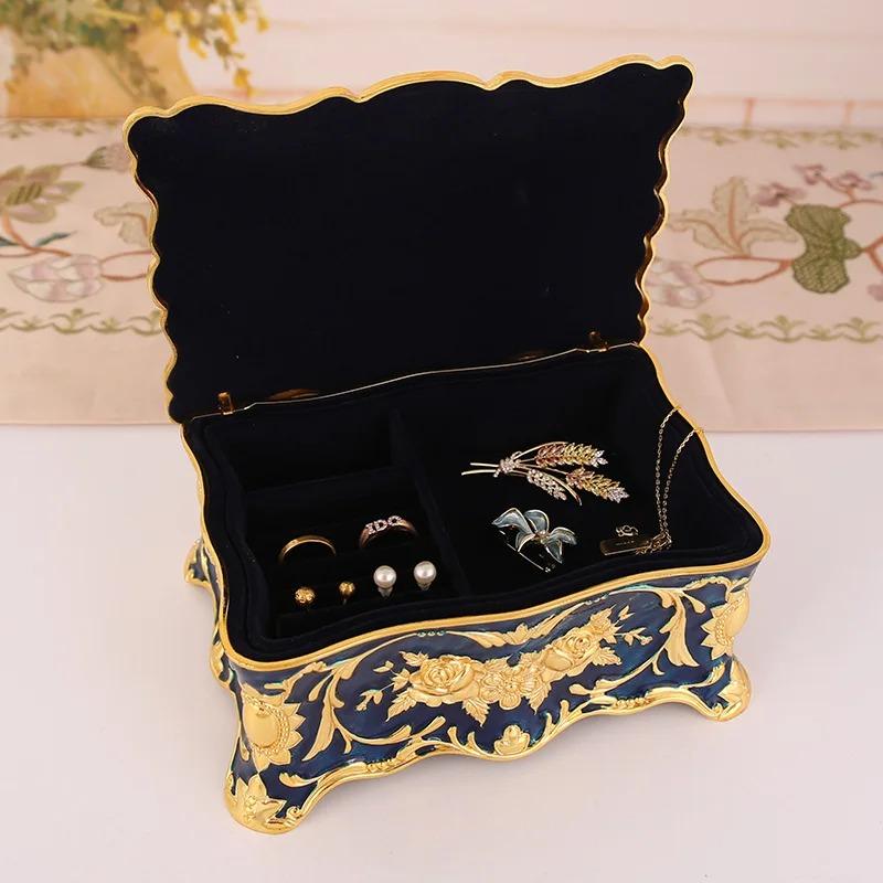 Product Introduction of European retro jewelry box metal enamel color creative ring necklace earrings storage box knot marriage gift 7