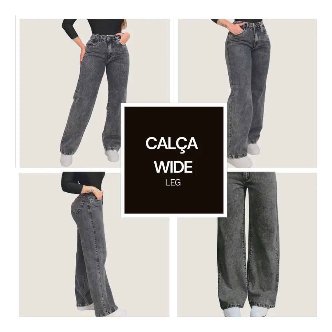 Kit 3 Calça Jeans Wide Leg Pantalona Cintura Alta Jeans