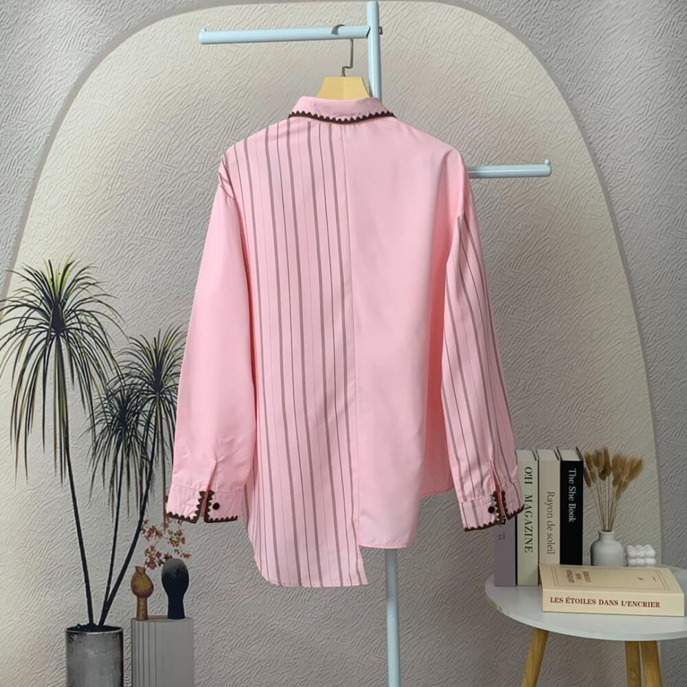 [NEW]CHICMORE Kemeja lengan panjang kancing tunggal gaya Korea baru dengan garis-garis dan tambalan dekoratif