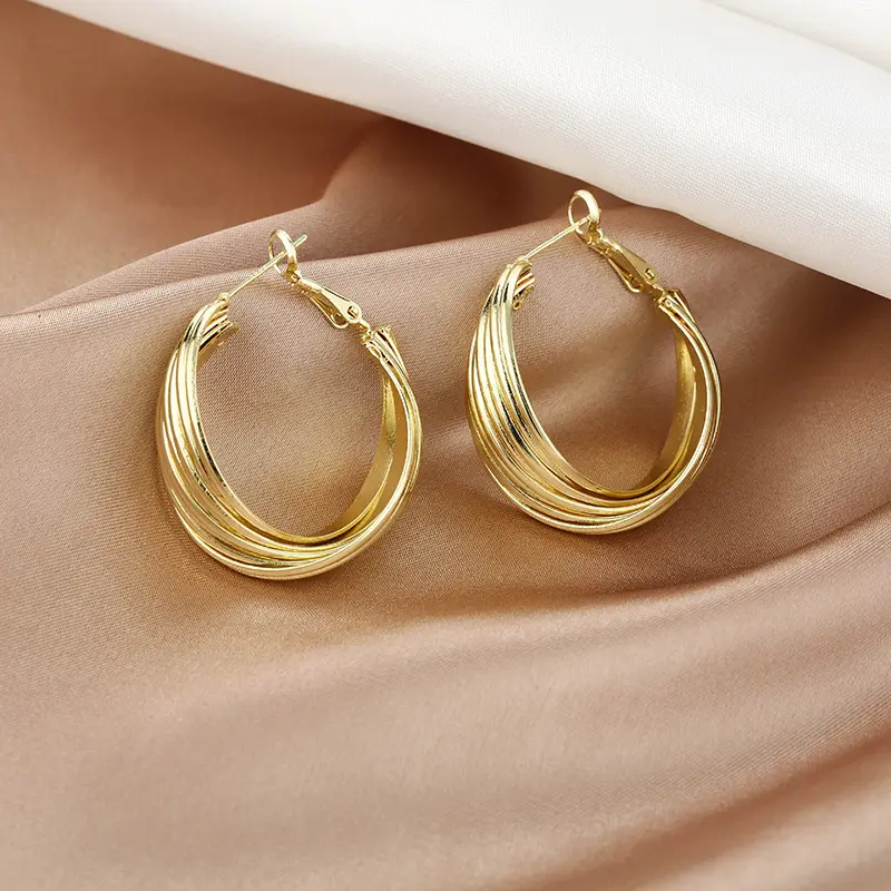 New Cross Stripe Dangle Earrings for Women Gold Color Wide Metal Surface Exaggerated Ear Buckle Fashion Jewelry