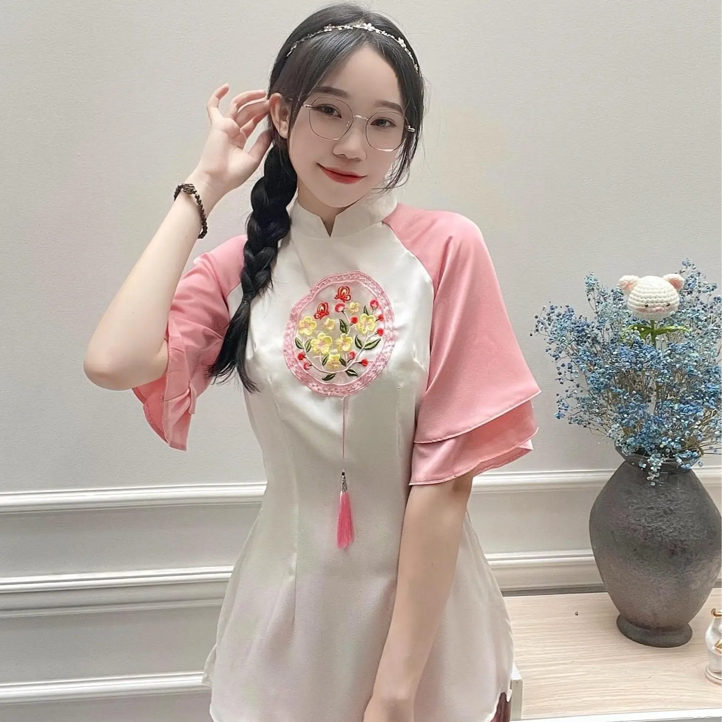 N12 Set Đồ Lam Đi Chùa, tay 2 tầng, quần dài dễ thương màu hồng - Vải Lụa Ngọc Trai - Quần Ống Rộng 1 Gang Tay Rưỡi