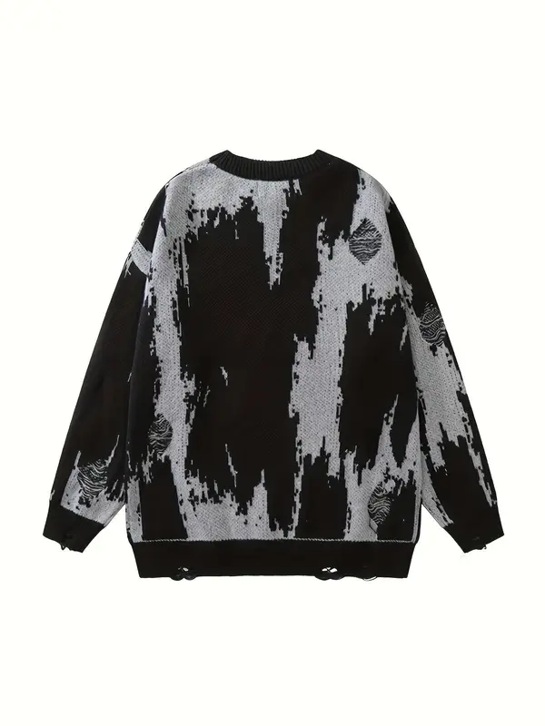 Women's Colorblock & Letter Print Ripped Round Neck Sweater, Casual Drop Shoulder Long Sleeve Graphic Jumper, Sweaters for Women, Ladies Knitwear for Fall & Winter Daily Wear 1