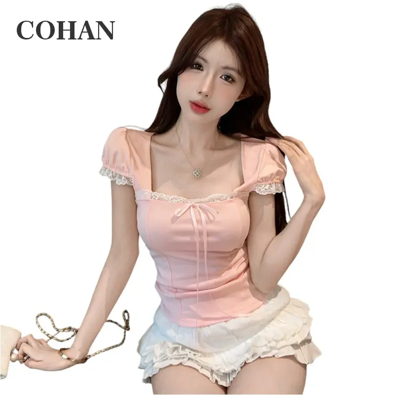 Cohan DS064 Women Top Crop Square Neck  Short Sleeve  Fashion Brown S/M/L 7