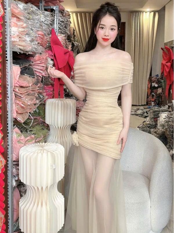 Y22 Đầm body thiết kế form tôn dáng có tùng lưới mềm che khuyết điểm dúm eo tôn dáng kèm hoa cài cách điệu đi tiệc đi chơi đều đẹp váy hela by Thương Lê Y22