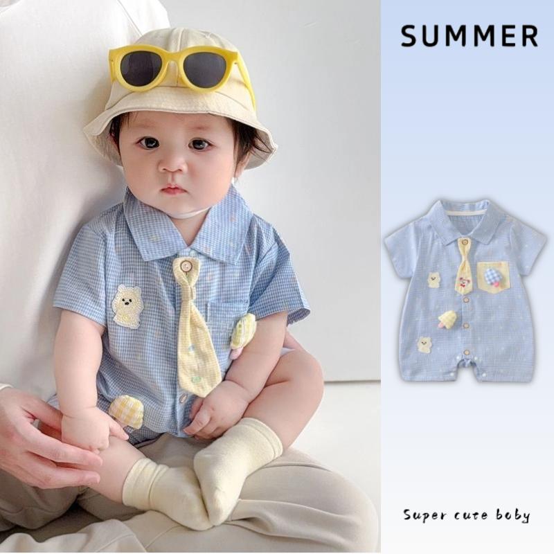 Quần Áo Trẻ Em, Bộ Sưu Tập Mới Mùa Hè, Cho Bé Trai Và Bé Gái, Áo Liền Quần Ngắn Tay Có Ve Áo Màu Xanh Dương, Có Cà Vạt, Thích Hợp Cho 0-24 Tháng, Thoải Mái, Thời Trang, Thiết Kế Gấu Hoạt Hình Và Kem, Áo Liền Quần, Phong Cách Hàn Quốc