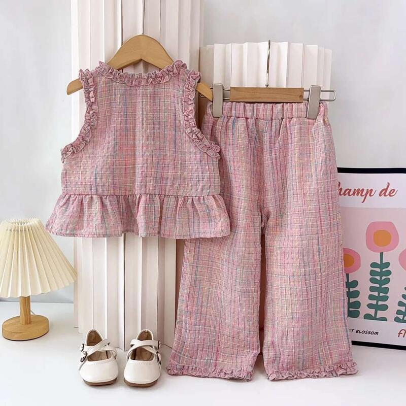 Bộ Đồ Hai Mảnh Mùa Hè Cho Bé Gái, Màu Hồng, Áo Không Tay Một Hàng Cúc, Quần Thường Ngày Bộ Đồ Trẻ Em Mới, Quần Áo Trẻ Em 1
