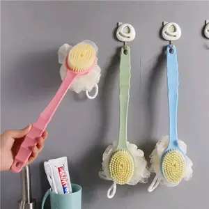 Sikat Mandi Dua Sisi Spon Bulu Lembut Gagang Panjang Shower Puff + Sikat Gosok Punggung 2 in 1 Penghilang Daki Bersih