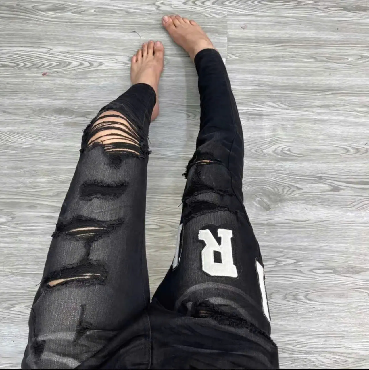 Quần jean nam vá da trắng phối chữ cao cấp jean boy phố chất dày đẹp