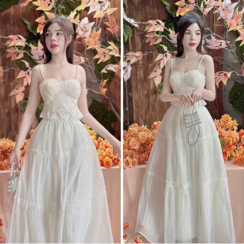 Set đồ nữ áo hai dây ren voan thêu hoa(có mút) kem chân váy maxi tơ nhún tầng kiểu dáng nàng thơ xinh xắn