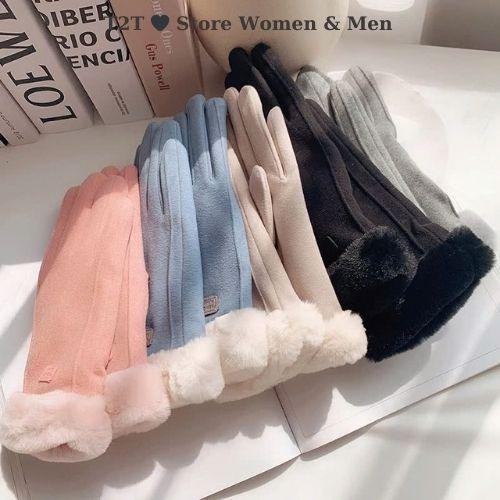 Găng Tay Giữ Nhiệt Màn Hình Cảm Ứng Da Lộn Nữ Mùa Đông Nhiều Màu Lông Vũ Sang Trọng - Bao Tay