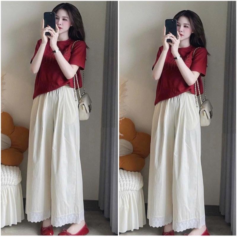 [S19 -KSTT] Sét Bộ Quần Linen Ống Xuông Phối Bèo Mixx Áo Thun Thêu Chữ Cổ Tròn