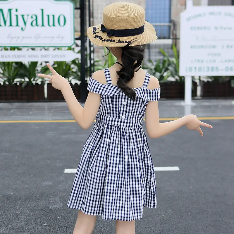 Trang Phục Mùa Hè Cho Bé Gái, Thời Trang, Phong Cách Hàn Quốc, Váy Trễ Vai Sang Trọng, Họa Tiết Kẻ Sọc Cổ Điển Thích Hợp Cho Bé Gái Và Trẻ Em Lớn, 2025 3