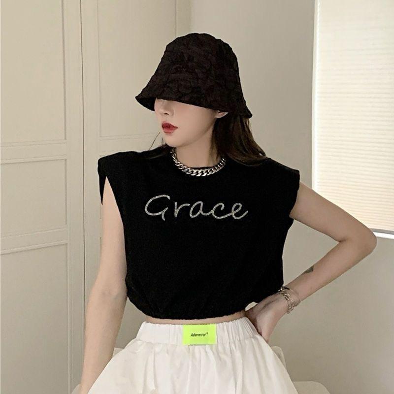 Product Introduction of 2024 Áo ba lỗ rộng rãi cho nữ crop top cổ tròn không tay có họa tiết kim cương giả  Croptop Women Dáng Ngắn 1