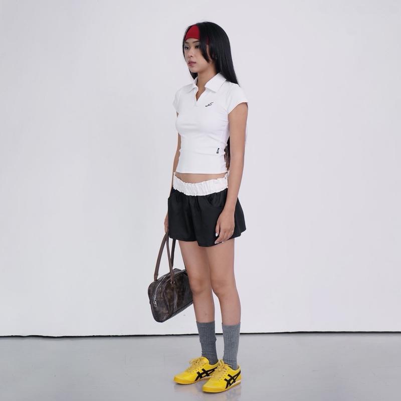[ LOGO KNIT SHORT ] Quần short dù nữ NECI CLUB cạp trễ ống rộng, kiểu dáng thể thao phối lưng, tag logo Sport 6
