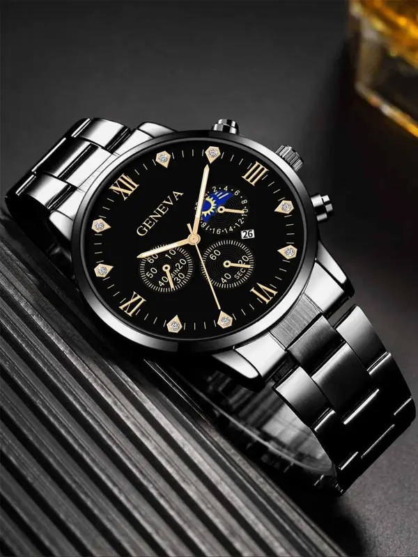 Men's Business Fashion Rhinestone Decor Analog Quartz Watch, Fashion Watch for Party, Daily Clothing Decor, Trendy All-match & Exquisite Modern Watch for Birthday Gifts without Box 0