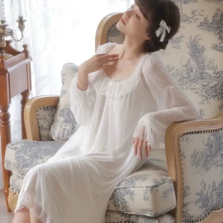 SP.355 Váy ngủ tiểu thư voan ren mềm, thun cotton cổ tròn tay bo bồng dễ thương hàng Quảng Châu cao cấp 5