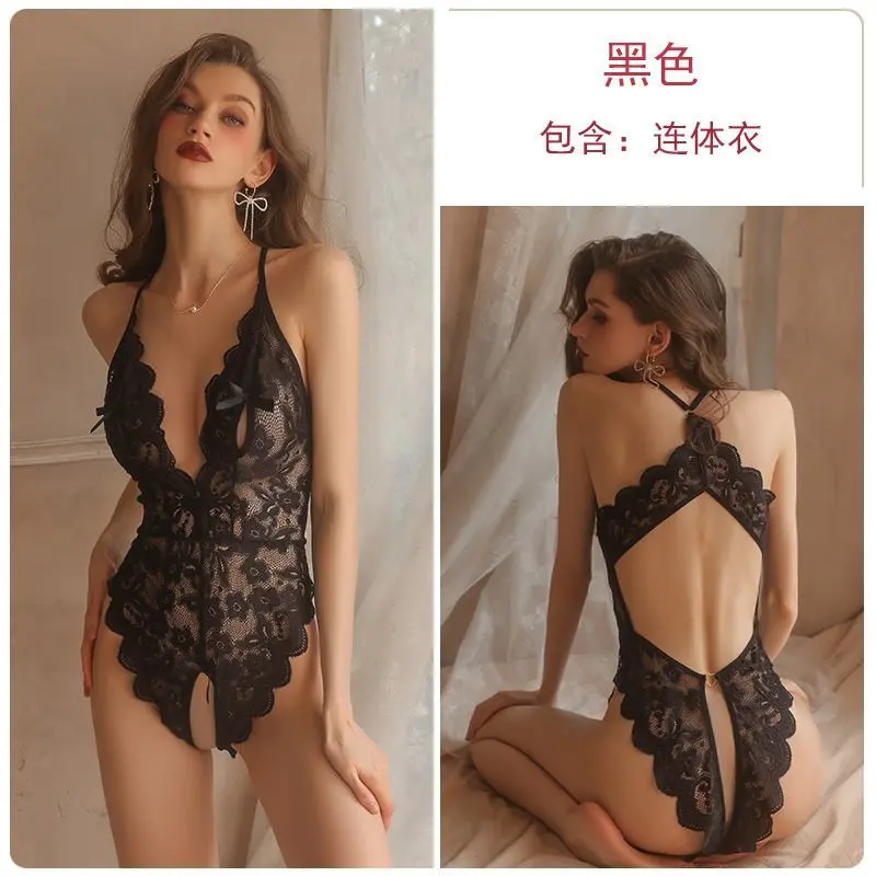 Guru Women's Sexy Lingerie Hot Deep V Plus Size Temptation Low-Cut Crotchless Bodysuit Set