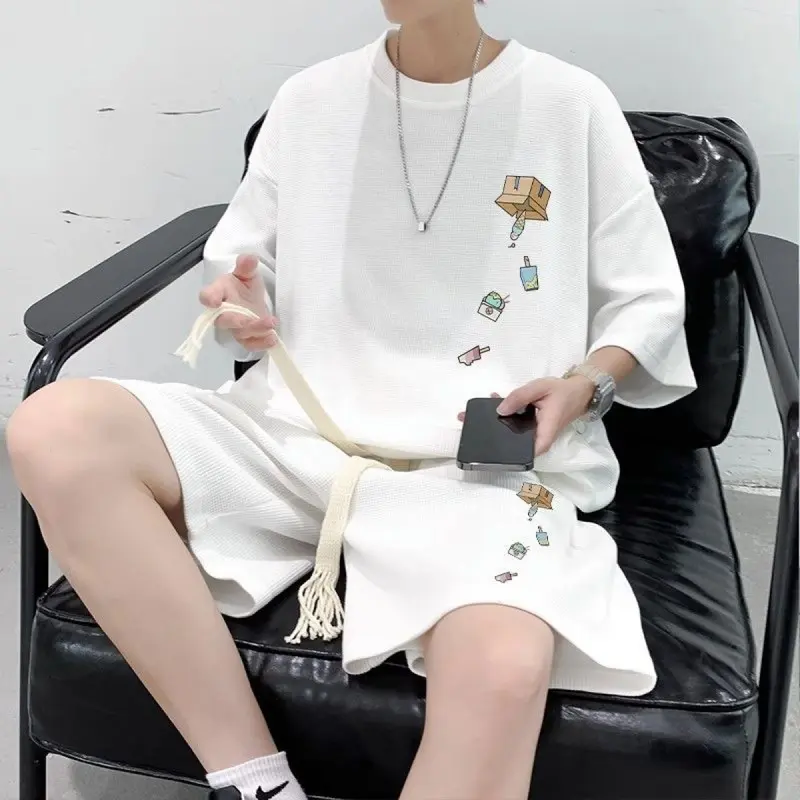 Bộ Áo Phông ngoại Cỡ Thiết Kế Bánh Quế, Dành Cho Nam Giới, Trang Phục Mùa Hè, ngắn Tay Áo, Quần Đùi, Bộ Hai Mảnh, Thích Hợp Cho Các Hoạt Động Thể Thao Thường Ngày, Hoàn Hảo Để Phối Đồ 1