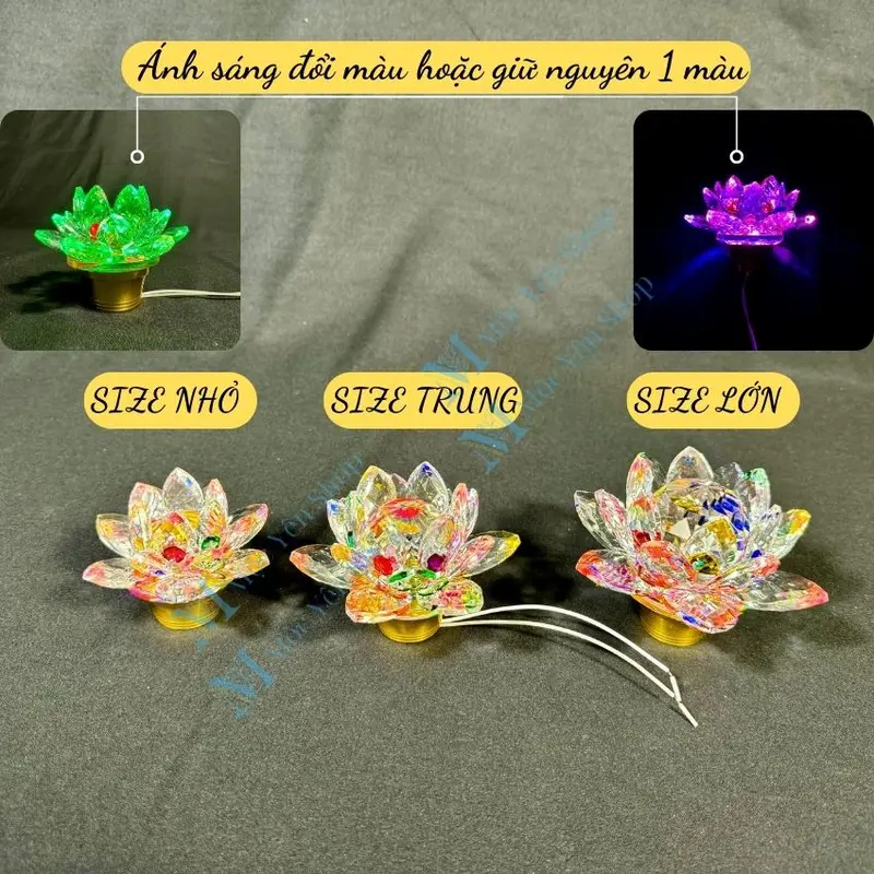 Hoa Sen Pha Lê Có LED Nhiều Chế Độ Sáng  Chuyên Để Trên Lư Đồng hoặc Chân Đèn Thờ Bằng Gỗ Hoặc Đồng 6