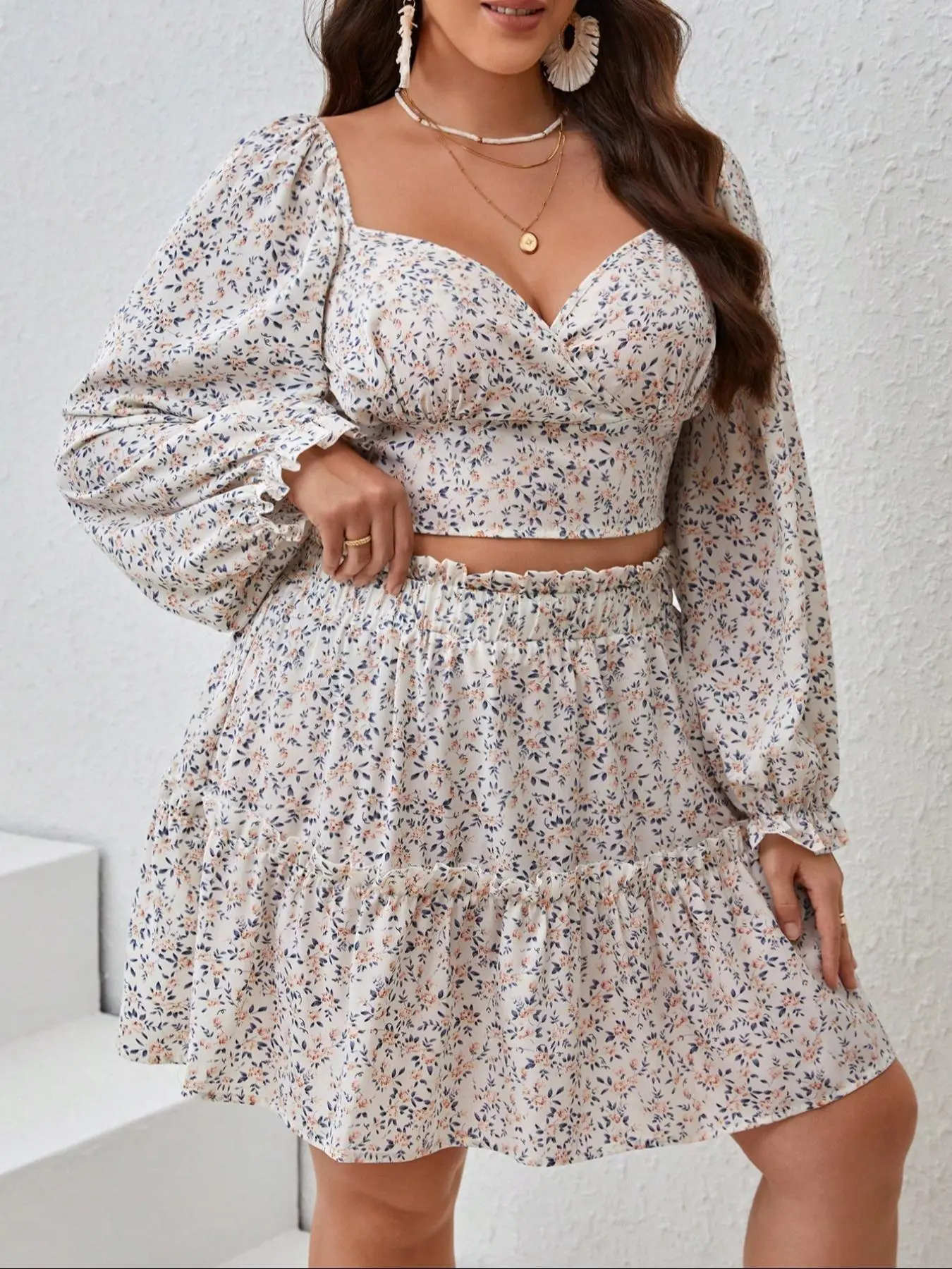 【Plus Size】 Ditsy Floral Print Top & Skirt Set, Boho Sweetheart Neck Top & Skirt, Women's Summer Clothes for Vacation Holiday, Womenswear