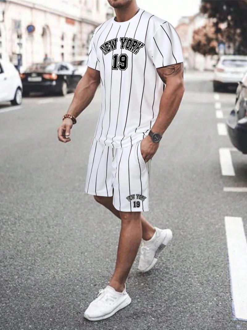 Product Introduction of Two-Piece Set Men's Letter Print Short Sleeve Crop Tee & Striped Print Shorts, Regular Fit Round Neck T-shirt & Track Shorts, Casual Summer Clothes Set for Outdoor 5