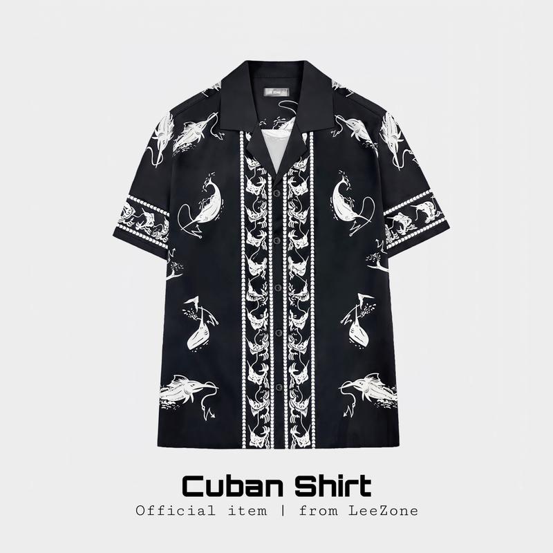 Sơ mi hoạ tiết Cá Kiếm | Áo sơ mi Cuban LeeZone form rộng mặc hằng ngày , chất vải lụa thoáng mát không nhăn Cổ chữ V