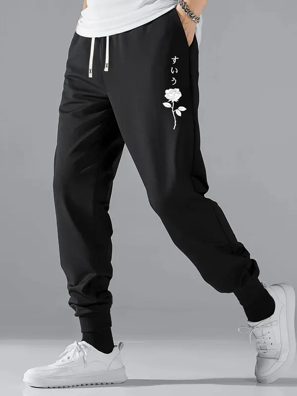 Men's Rose Print Pocket Drawstring Waist Sweatpants, Casual Soft Comfort Regular Fit Floral Print Elastic Waist Jogger Pants For Gym, Men's Spring & Fall Trousers 0