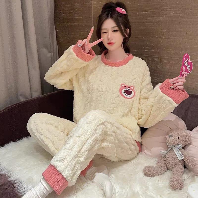  Bộ Đồ Ngủ Lông Trắng Họa Tiết Thú Bộ Bông Nỉ Giữ Nhiệt FreeSize Mặc Nhà Siêu Ấm 1205 Nữ Women 