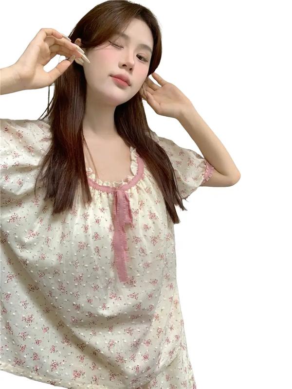  N18- Pijama cộc đùi bánh bèo cho nữ họa tiết bông xù màu kem hoa tím - Bộ áo Quần Ngủ gủ bánh bèo hàng quảng châu cao cấp   Women   