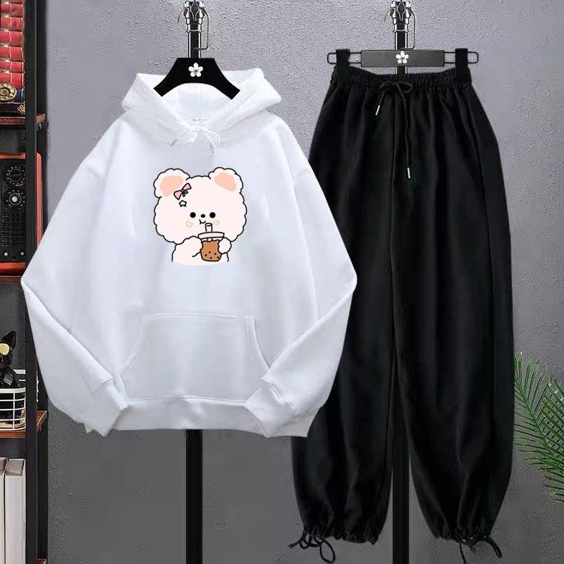 MIỄN PHÍ VẬN CHUYỂN SET áo hoodie Gấu trà sữa và quần bom chun, Áo nỉ chất đẹp không xù, thiết kế bo gấu trắng cá tính -Tuệ An-Fashion 1