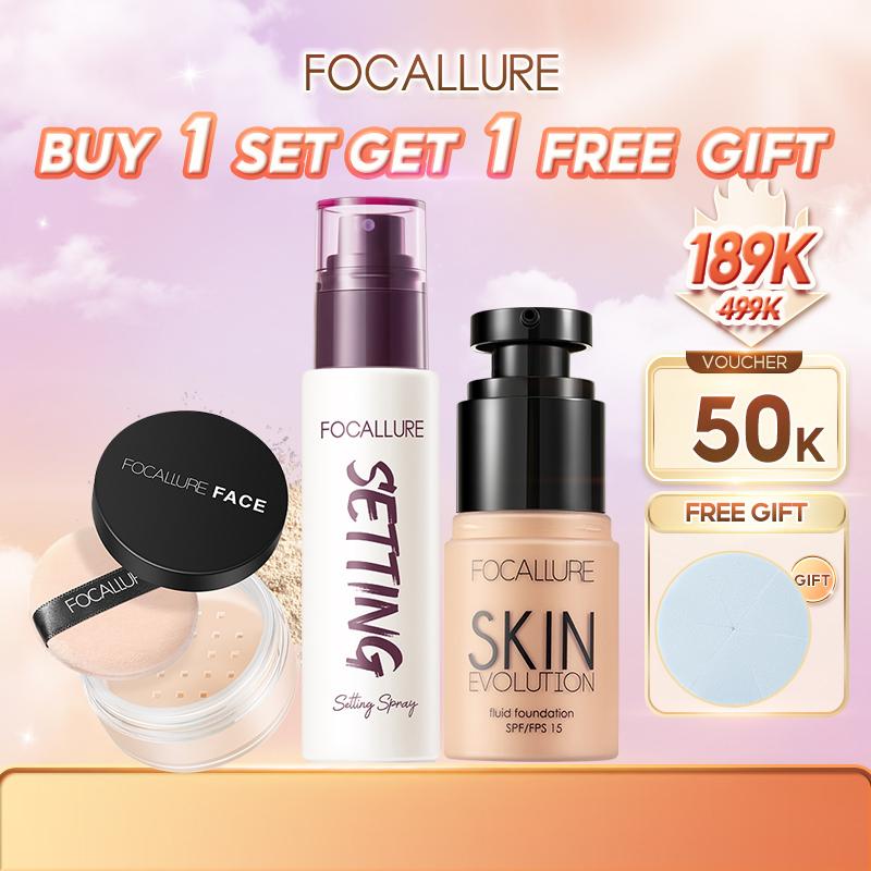 【50K voucher+  TẶNG BÔNG MÚT FOCALLURE Combo 3 Món Kem Nền Dạng Lỏng + Xịt Khóa Hỗ Trợ Cố ĐỊnh Lớp Trang Điểm + Phấn Phủ Hỗ Trợ Kiềm Dầu Phù Hợp Trang Điểm Hằng Ngày Cho Mọi Loại Da