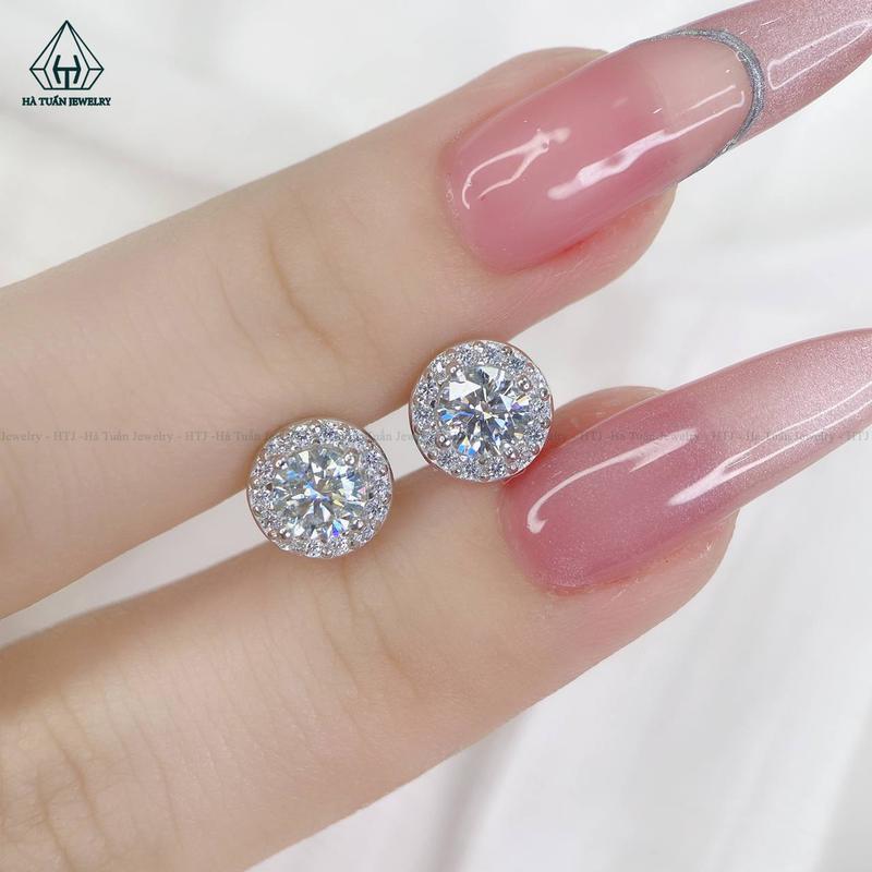 Bông Tai Bạc 925  Xi Kim Đính Viên Chủ Moissanite 5mm Chuôi Vặn EX048 Hà Tuấn Jewelry